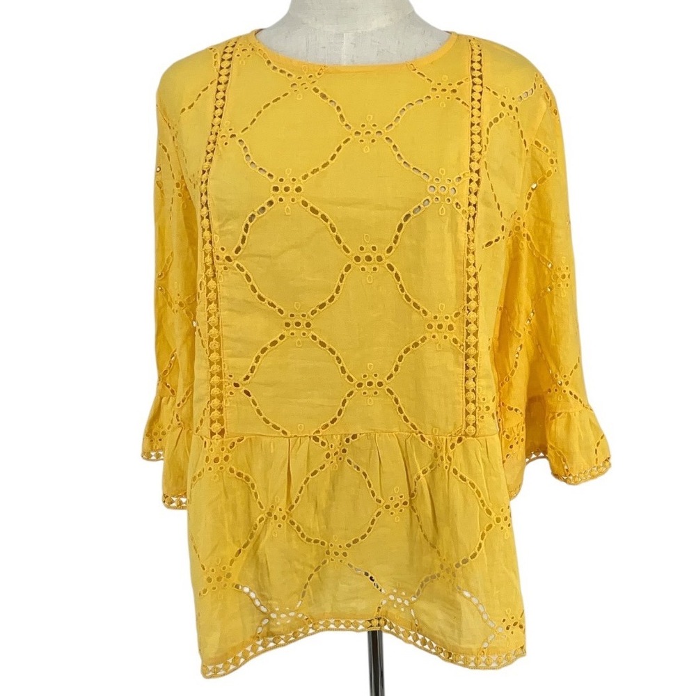 LOFT Petite XXS Yellow Eyelet Peasant Boho Blouse Top Embroidered‎ 3/4 Sleeve